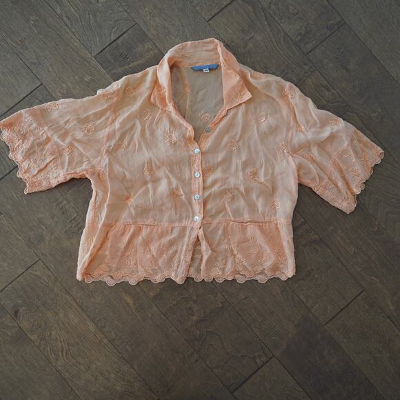Johnny Was Collared Short Sleeve Cropped Top Peach Womens Size XS - Picture 1 of 7
